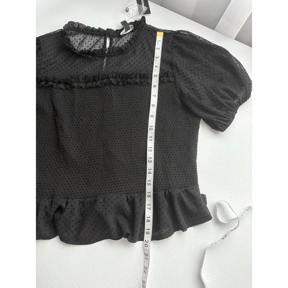 Express Smocked Peplum Top Swiss Dot Ruffle Trim Puff Sleeve Black L - Picture 8 of 8